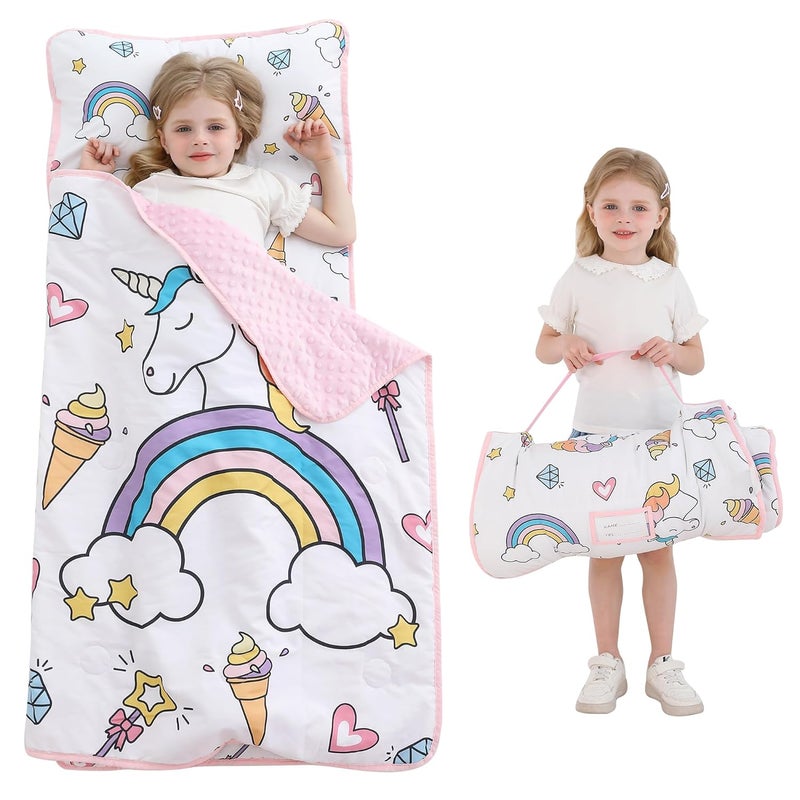 Viviland Toddler Kid Nap Mat for Preschool, White Unicorn Slumber Bag, Daycare Sleeping Bag with Pillow and Blanket, Kindergarten Sleep Mat - Image 1